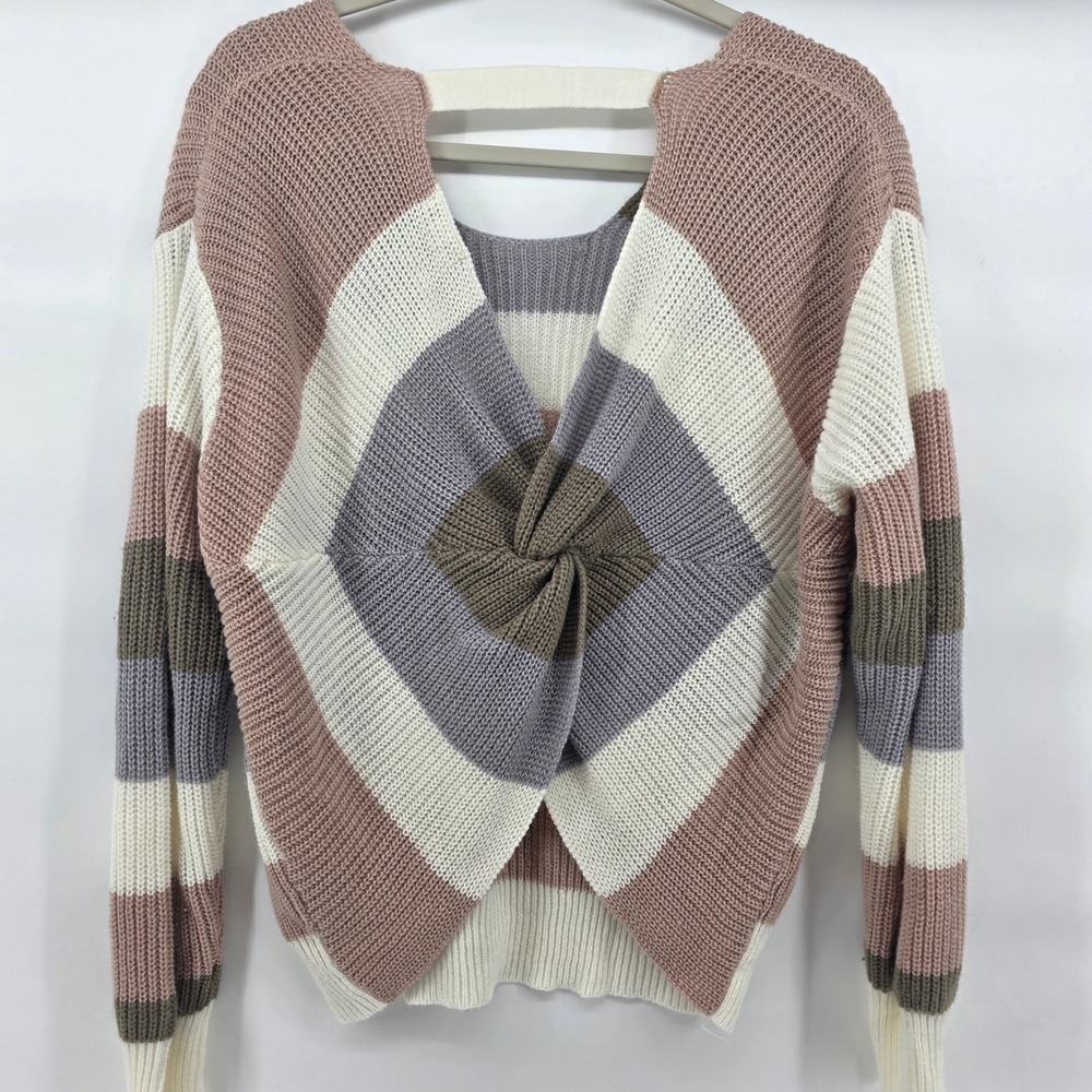 Womens EST 1946 Striped Twist Back Knit Sweater Size L‎ Pink Gray White Brown